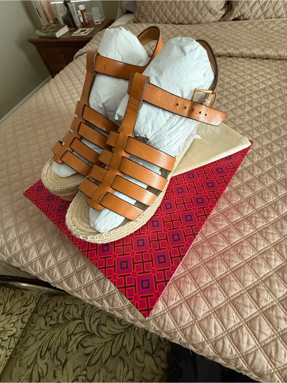 Tory Burch Fisherman Espadrille Wedge Toasted Soufflé, size 9. Like New in Box.